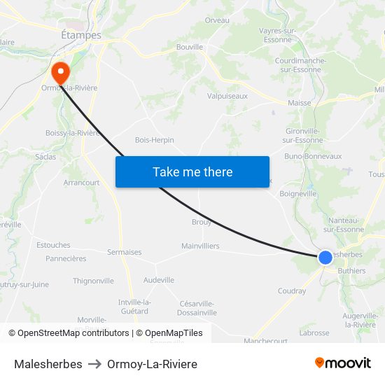 Malesherbes to Ormoy-La-Riviere map