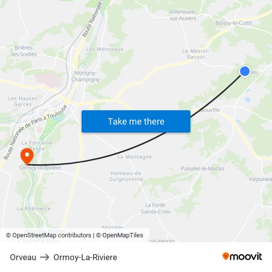 Orveau to Ormoy-La-Riviere map