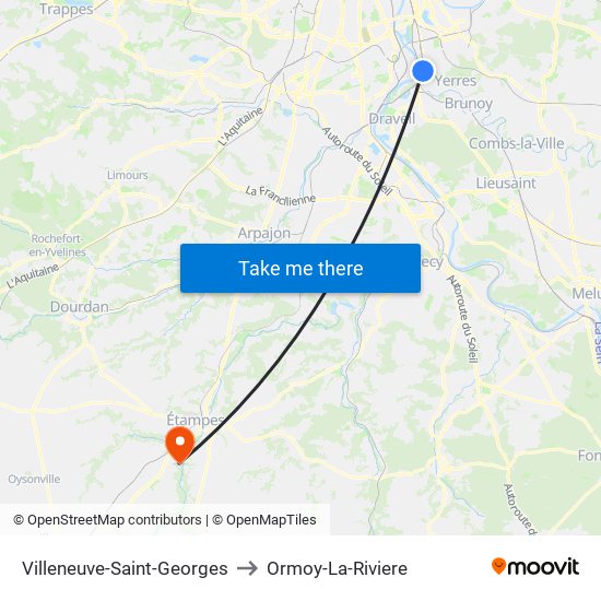 Villeneuve-Saint-Georges to Ormoy-La-Riviere map