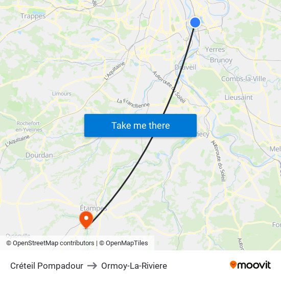 Créteil Pompadour to Ormoy-La-Riviere map