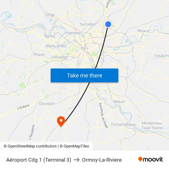 Aéroport Cdg 1 (Terminal 3) to Ormoy-La-Riviere map