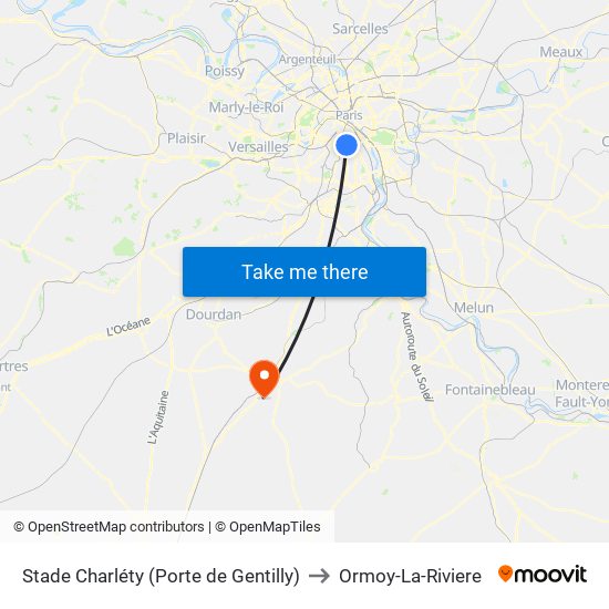 Stade Charléty (Porte de Gentilly) to Ormoy-La-Riviere map