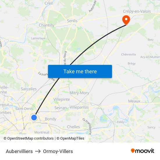 Aubervilliers to Ormoy-Villers map