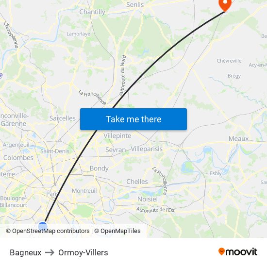 Bagneux to Ormoy-Villers map