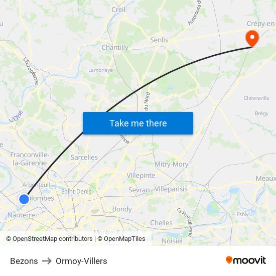 Bezons to Ormoy-Villers map