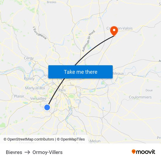 Bievres to Ormoy-Villers map