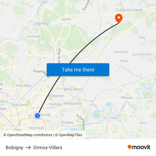 Bobigny to Ormoy-Villers map