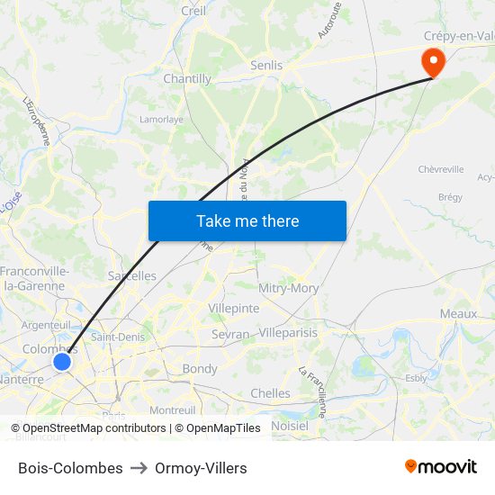 Bois-Colombes to Ormoy-Villers map