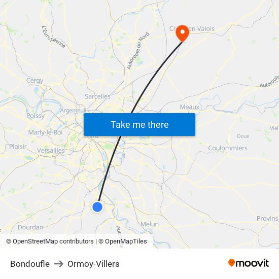 Bondoufle to Ormoy-Villers map