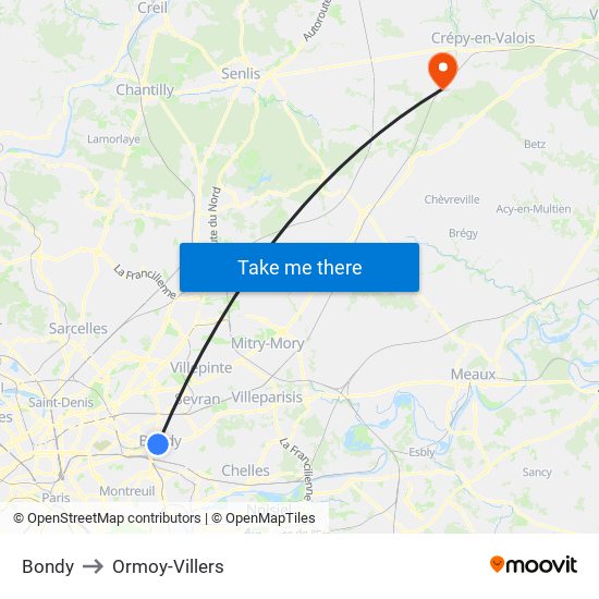 Bondy to Ormoy-Villers map