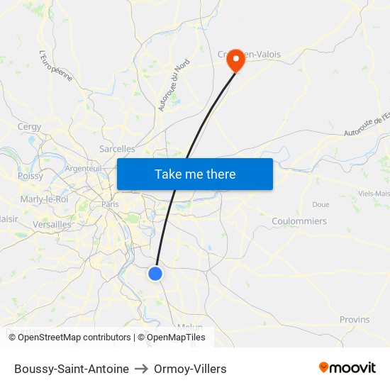 Boussy-Saint-Antoine to Ormoy-Villers map