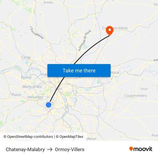 Chatenay-Malabry to Ormoy-Villers map
