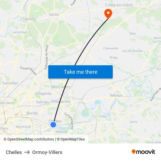 Chelles to Ormoy-Villers map