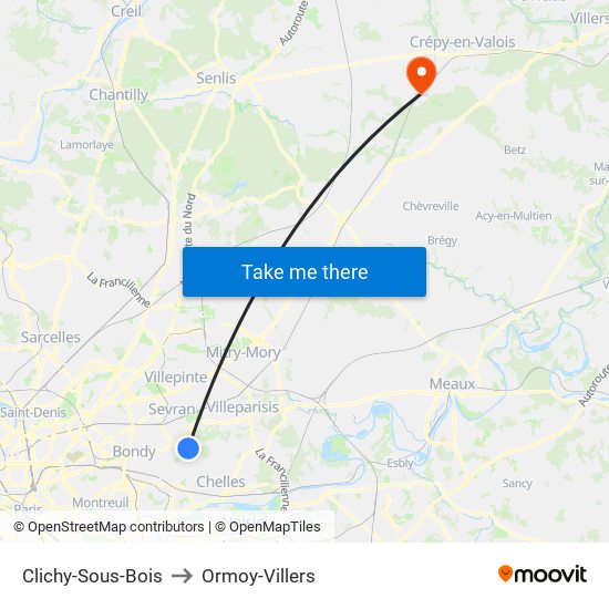 Clichy-Sous-Bois to Ormoy-Villers map