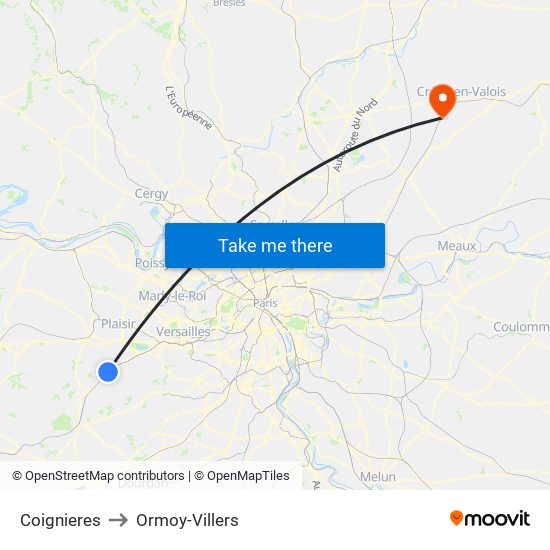Coignieres to Ormoy-Villers map