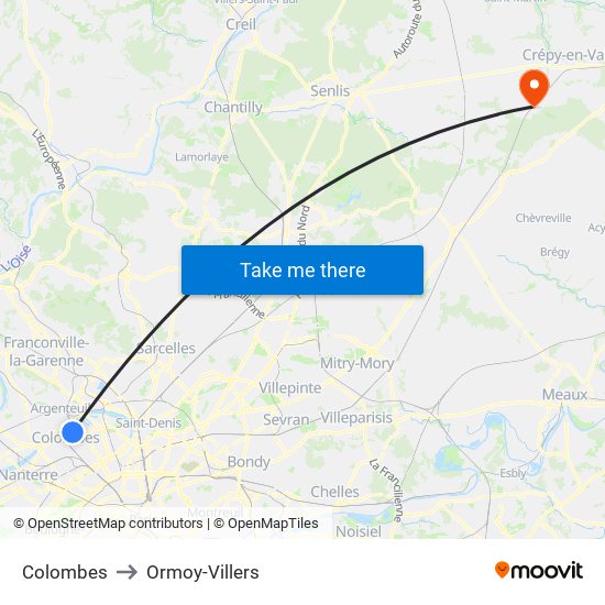 Colombes to Ormoy-Villers map