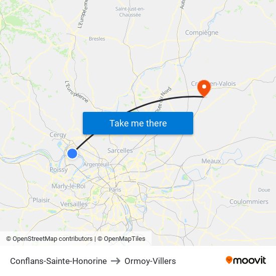 Conflans-Sainte-Honorine to Ormoy-Villers map