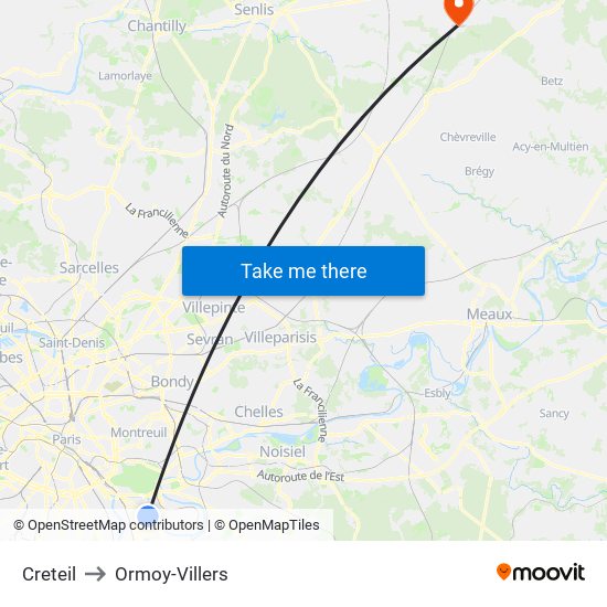 Creteil to Ormoy-Villers map