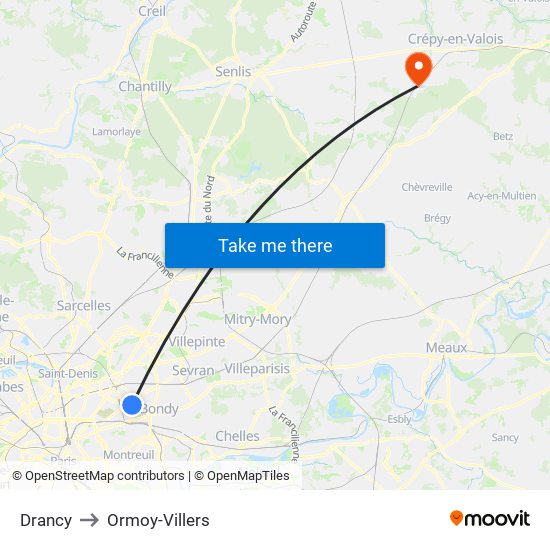 Drancy to Ormoy-Villers map