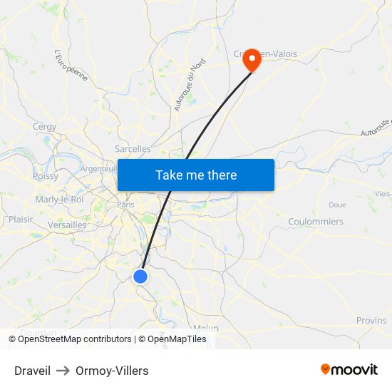 Draveil to Ormoy-Villers map