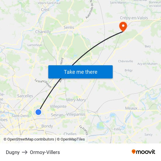 Dugny to Ormoy-Villers map