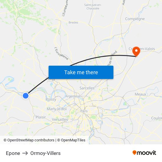 Epone to Ormoy-Villers map
