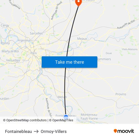 Fontainebleau to Ormoy-Villers map