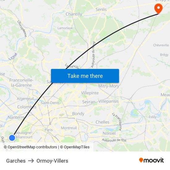 Garches to Ormoy-Villers map