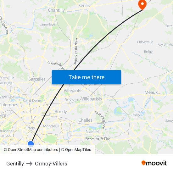 Gentilly to Ormoy-Villers map