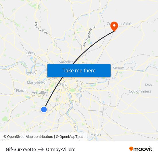 Gif-Sur-Yvette to Ormoy-Villers map