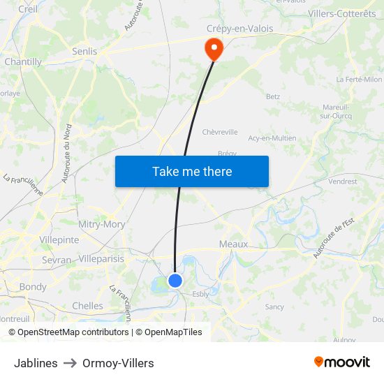 Jablines to Ormoy-Villers map