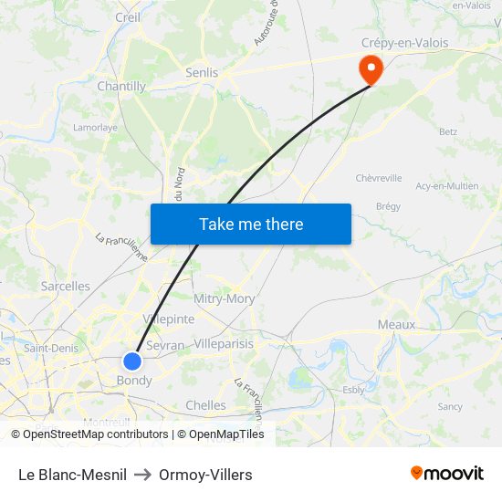 Le Blanc-Mesnil to Ormoy-Villers map
