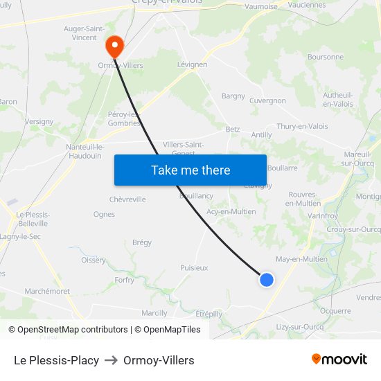 Le Plessis-Placy to Ormoy-Villers map