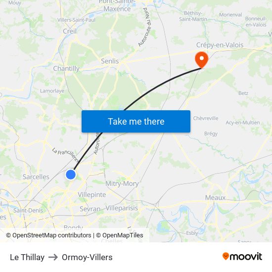 Le Thillay to Ormoy-Villers map