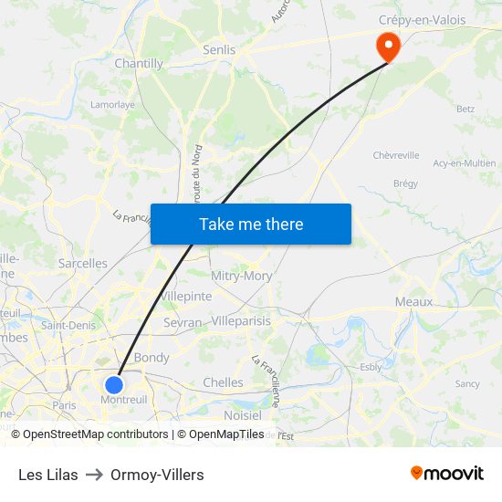 Les Lilas to Ormoy-Villers map