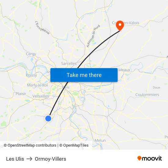 Les Ulis to Ormoy-Villers map