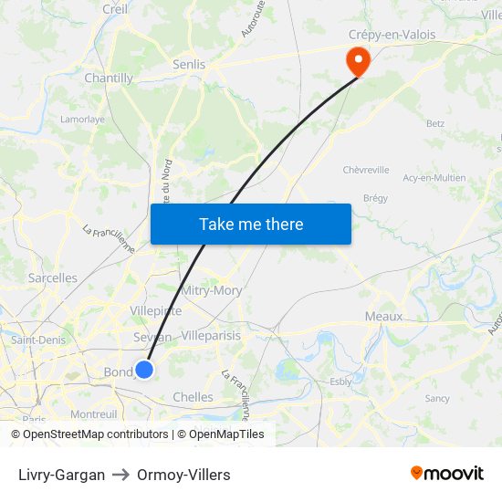Livry-Gargan to Ormoy-Villers map