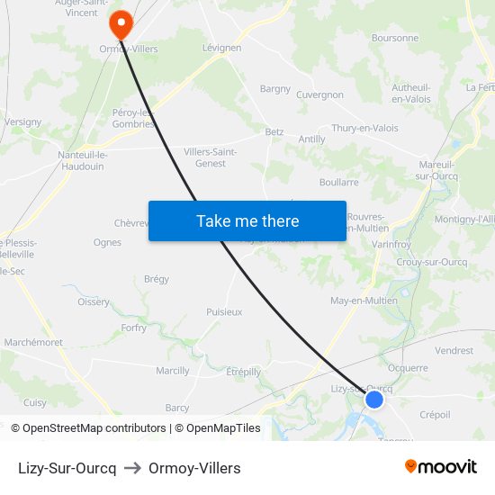 Lizy-Sur-Ourcq to Ormoy-Villers map