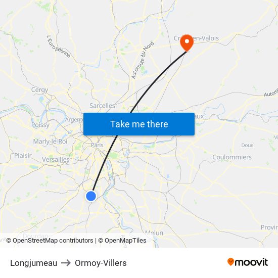 Longjumeau to Ormoy-Villers map