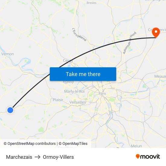 Marchezais to Ormoy-Villers map