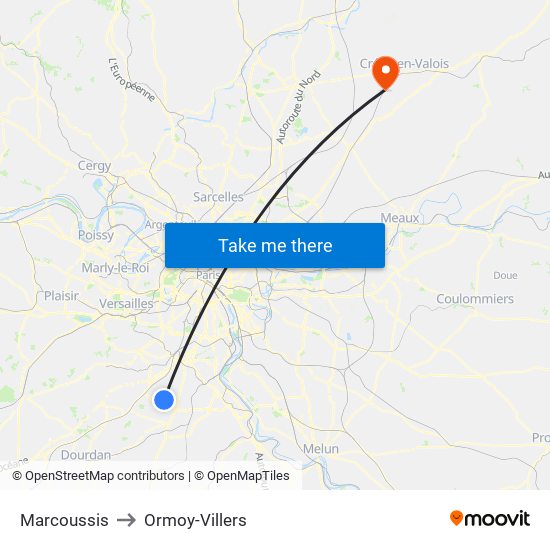 Marcoussis to Ormoy-Villers map