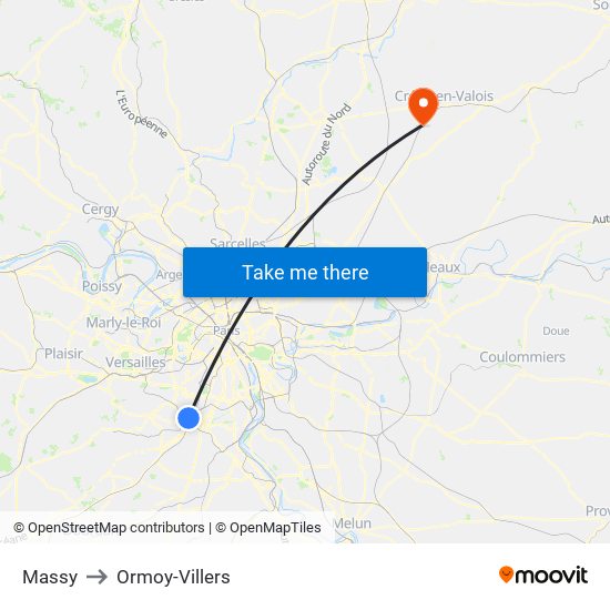 Massy to Ormoy-Villers map