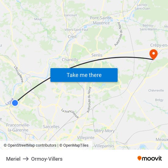 Meriel to Ormoy-Villers map