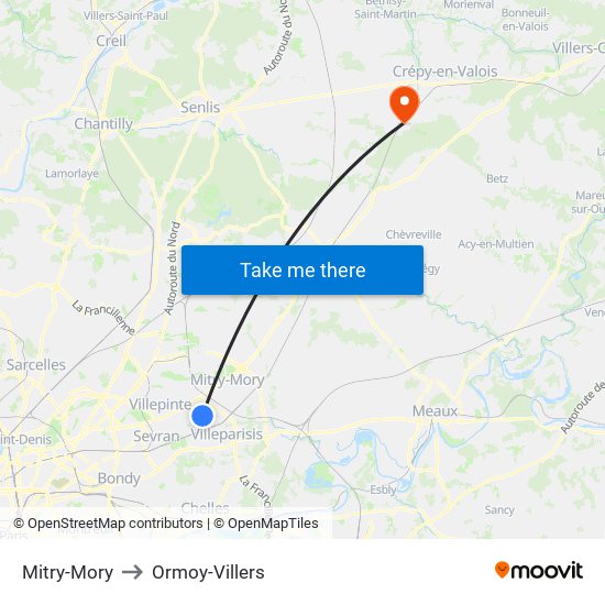 Mitry-Mory to Ormoy-Villers map