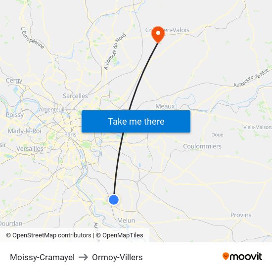 Moissy-Cramayel to Ormoy-Villers map
