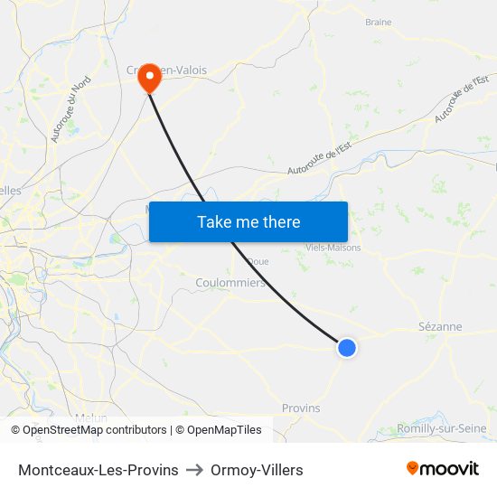 Montceaux-Les-Provins to Ormoy-Villers map
