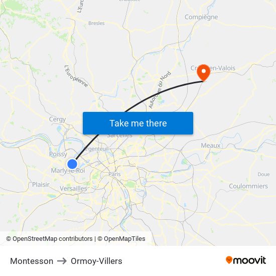 Montesson to Ormoy-Villers map