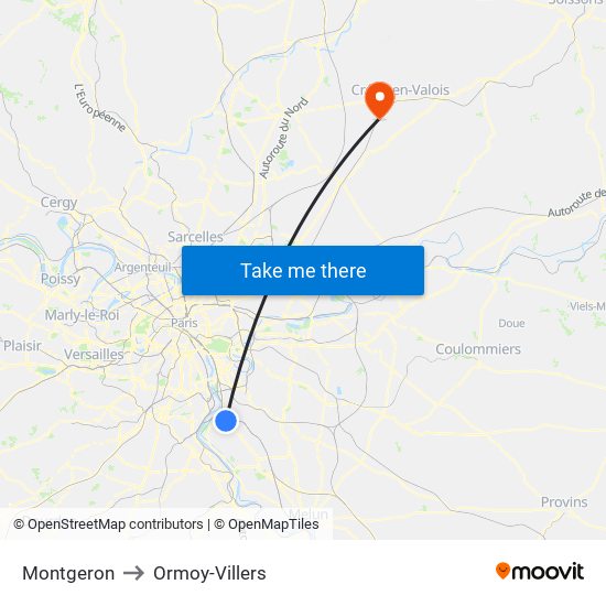 Montgeron to Ormoy-Villers map