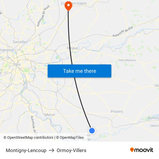 Montigny-Lencoup to Ormoy-Villers map