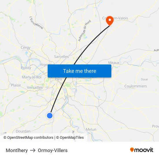 Montlhery to Ormoy-Villers map